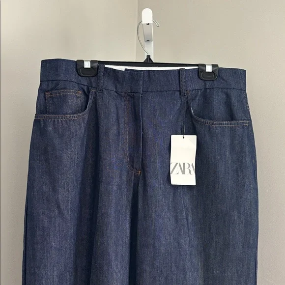 Zara Dark Blue Denim Wide-Leg Trouser High Waist Jeans Women’s Size 12 - Picture 9 of 9